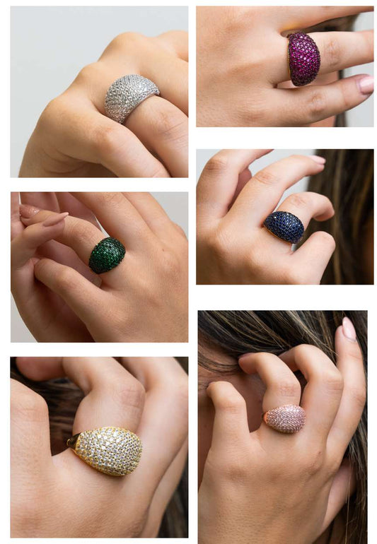 Anello in Argento 925 da Donna modello a Fascia Bombata con Pavè di Zirconi di Vari Colori