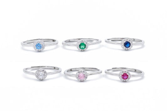 Anello in Argento 925 da Donna Modello Kate con Zircone Centrale a forma Tonda di vari colori contornata da Giro di Zirconi Bianchi