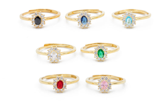 Anello in Argento 925 dorato da Donna Modello Kate con Zircone Centrale a forma Ovale di vari colori contornata da Giro di Zirconi Bianchi
